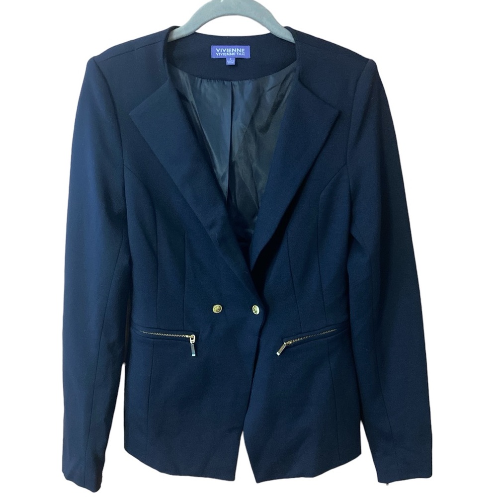 Vivienne Tam Navy Collarless Blazer Size 2 EUC